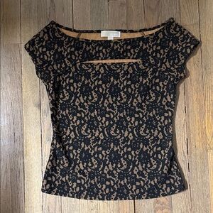 MICHAEL Michael Kors Black Lace Overlay with Tan Underlay Short Sleeve Top